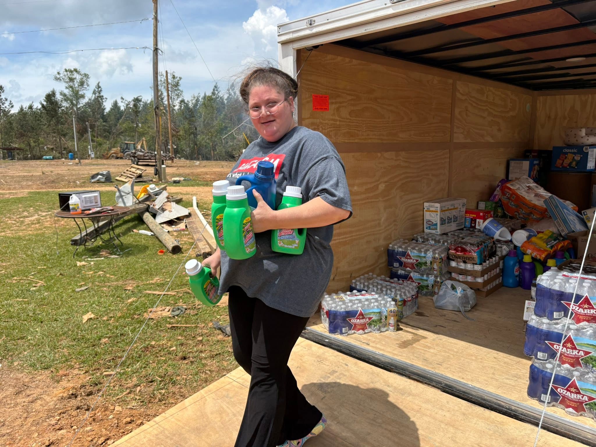 Cleaning supplies being unloaded from the J-STAR relief trailer in Bogue Chitto.