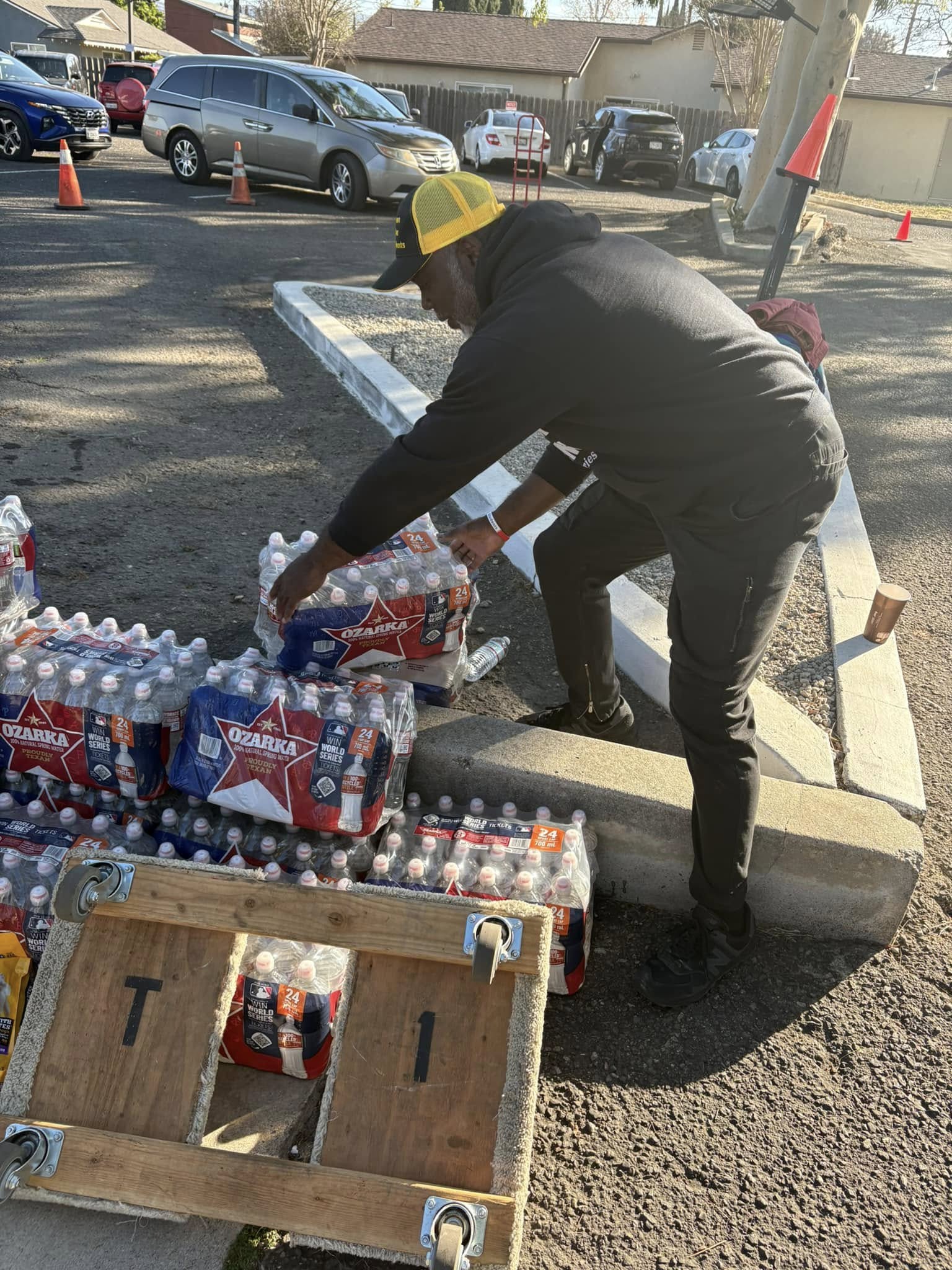 Bottled water is set out for the California wildfire-relief distribution.